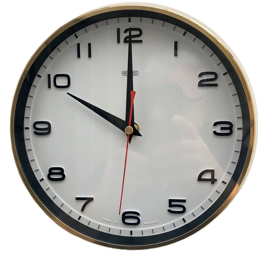 Metamec 5601 Wall Clock — White Bakelite, Solid Brass Bezel, 1960s
