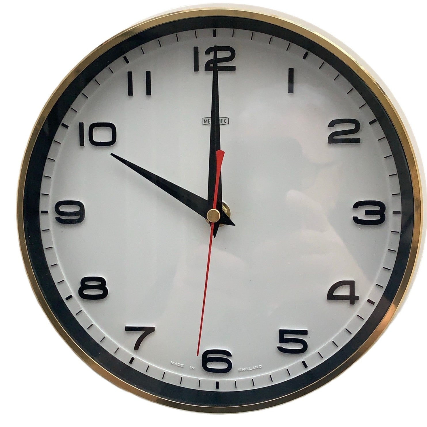 Metamec 5601 Wall Clock — White Bakelite, Solid Brass Bezel, 1960s