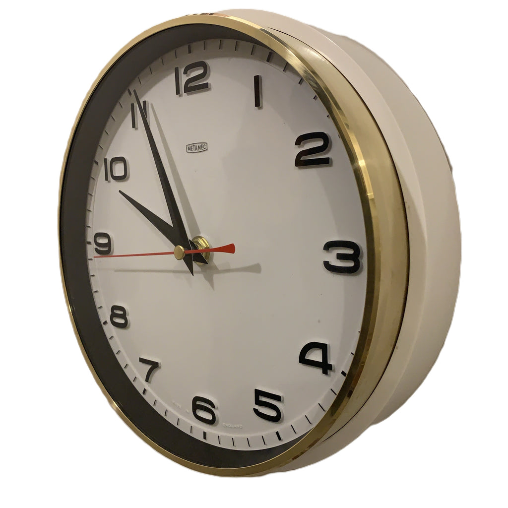 Metamec 5601 Wall Clock — White Bakelite, Solid Brass Bezel, 1960s