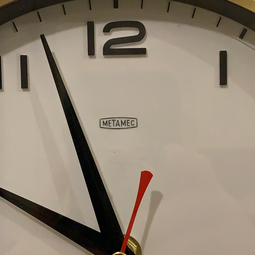 Metamec 5601 Wall Clock — White Bakelite, Solid Brass Bezel, 1960s