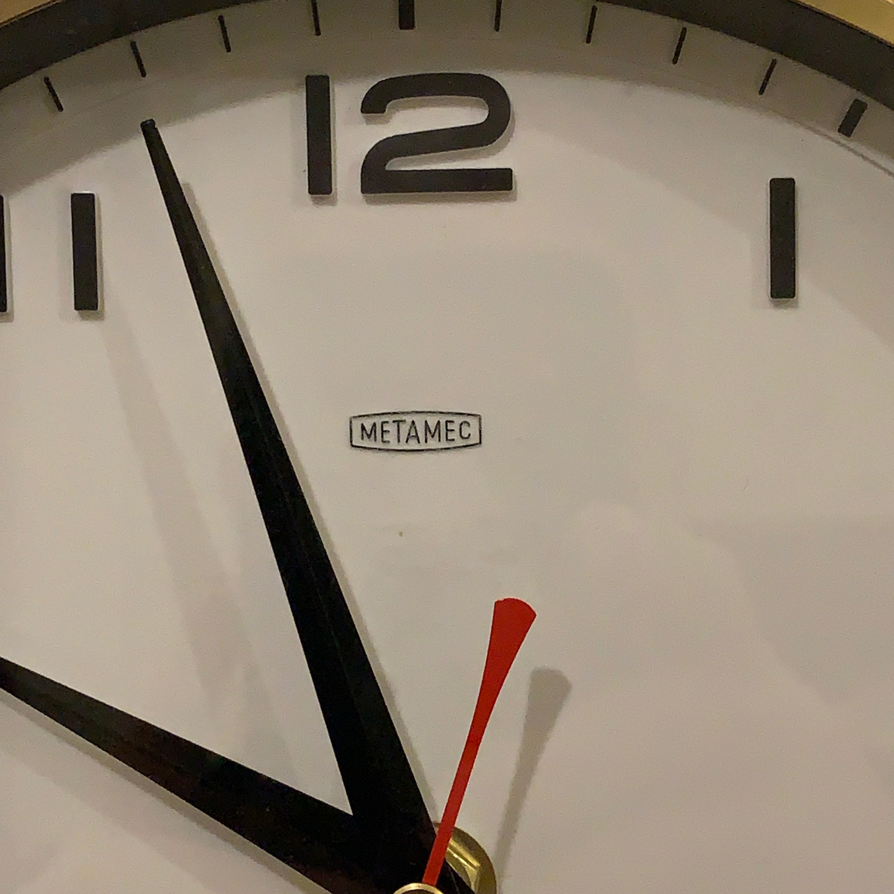 Metamec 5601 Wall Clock — White Bakelite, Solid Brass Bezel, 1960s