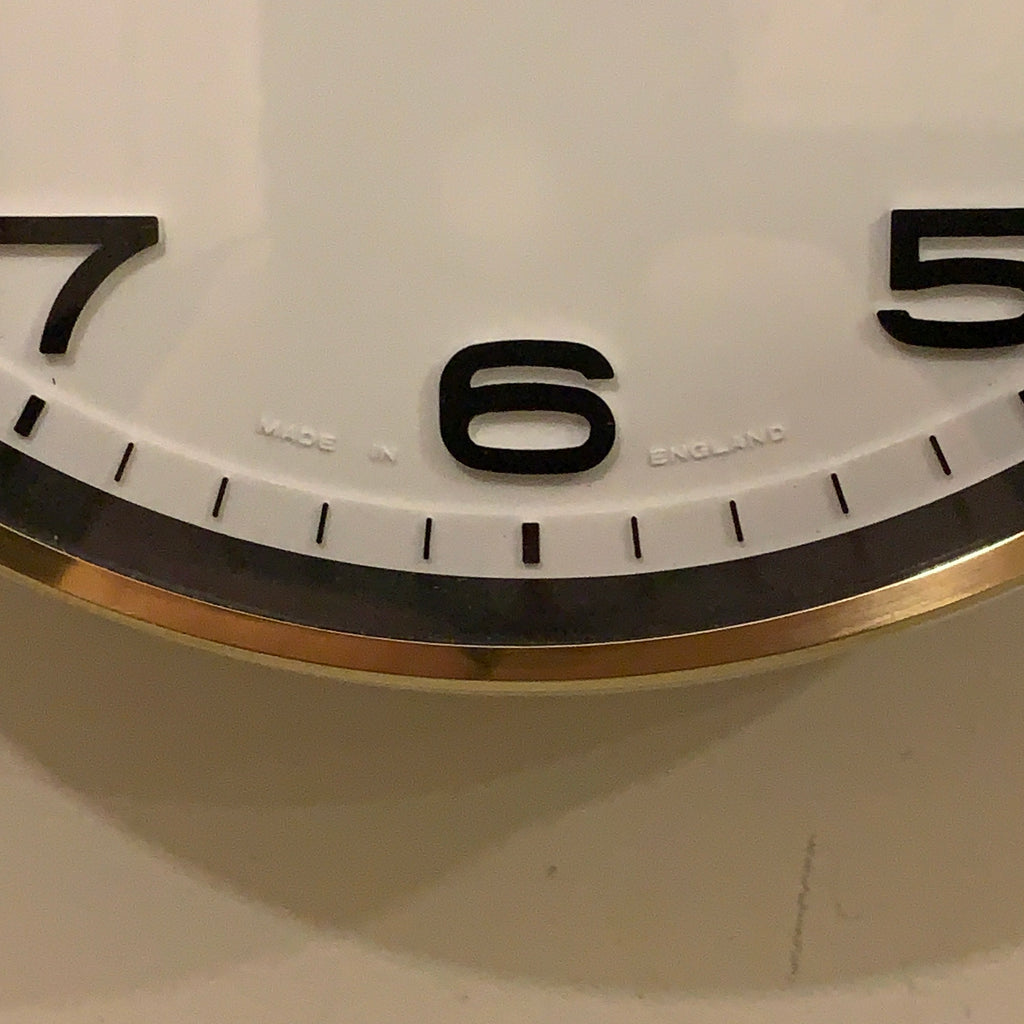 Metamec 5601 Wall Clock — White Bakelite, Solid Brass Bezel, 1960s