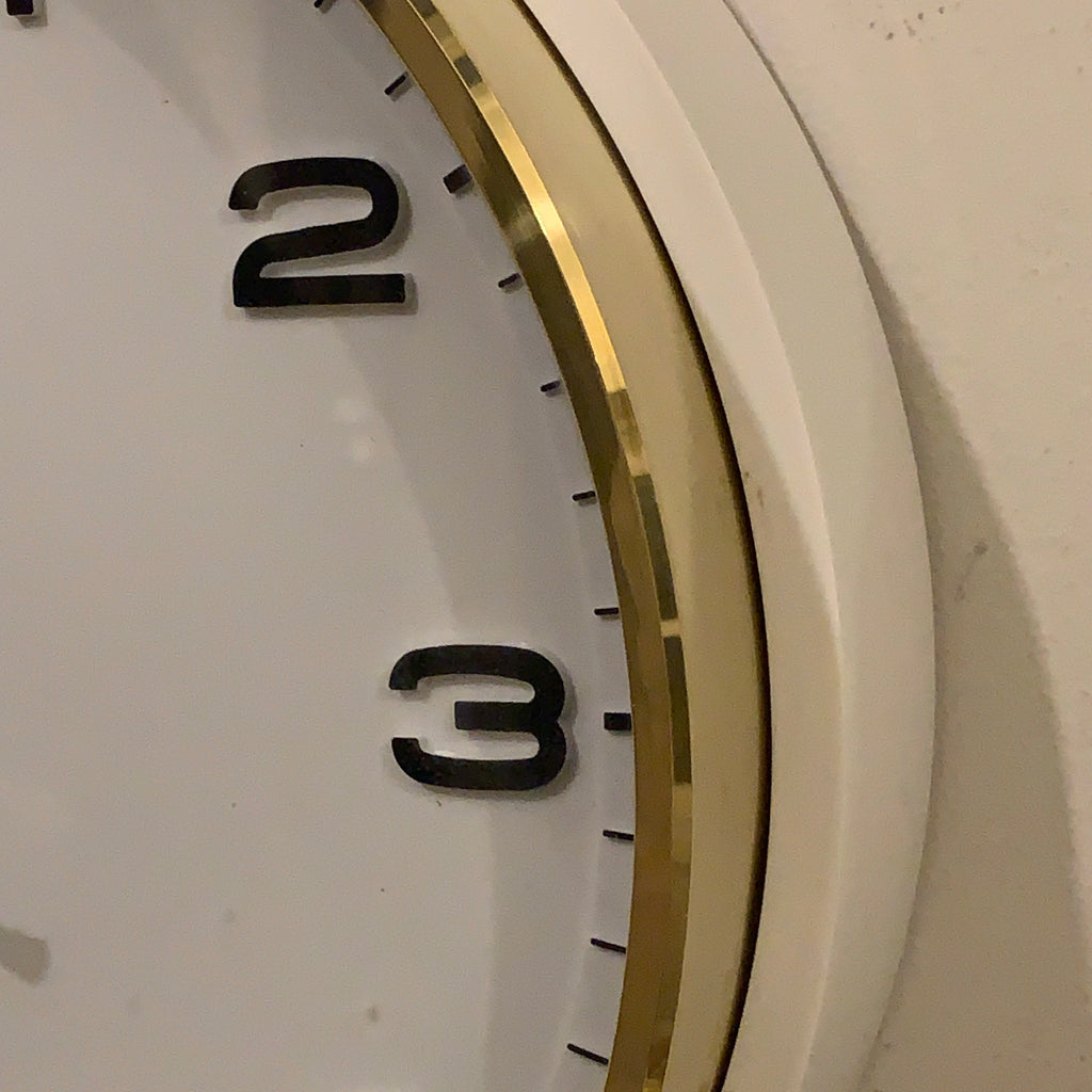 Metamec 5601 Wall Clock — White Bakelite, Solid Brass Bezel, 1960s