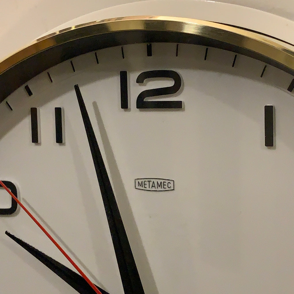 Metamec 5601 Wall Clock — White Bakelite, Solid Brass Bezel, 1960s