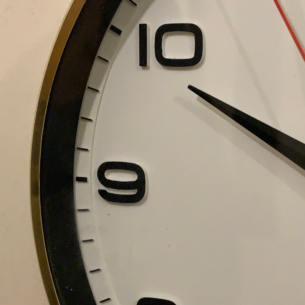 Metamec 5601 Wall Clock — White Bakelite, Solid Brass Bezel, 1960s