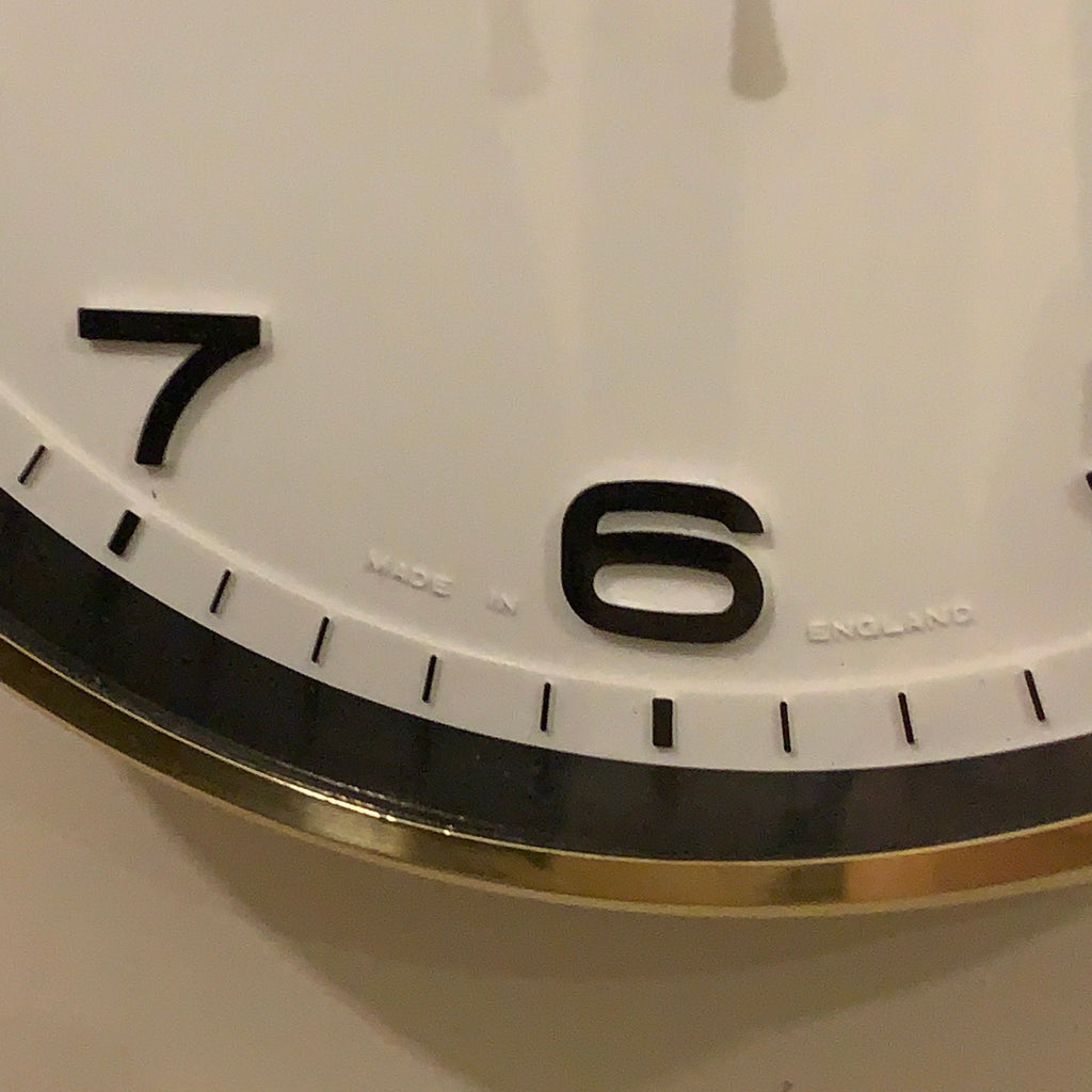 Metamec 5601 Wall Clock — White Bakelite, Solid Brass Bezel, 1960s