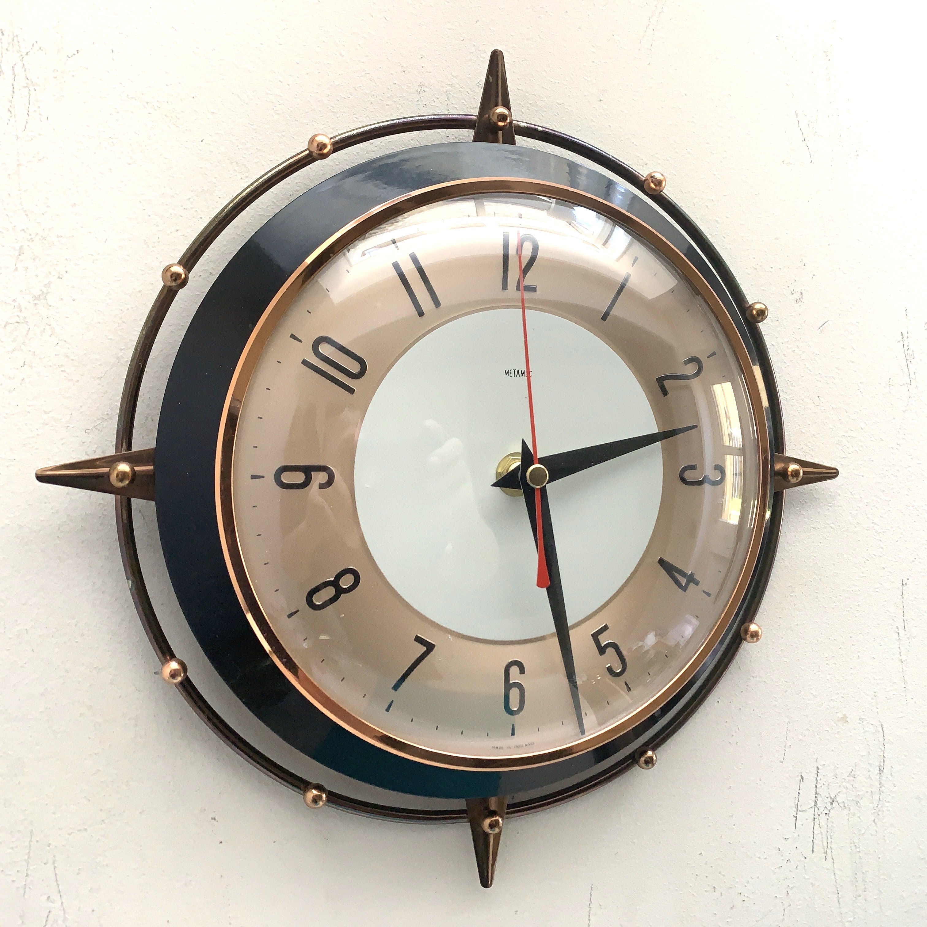 Metamec 5859 Starburst Wall Clock, Copper Black Bakelite, 1960s, New Quartz