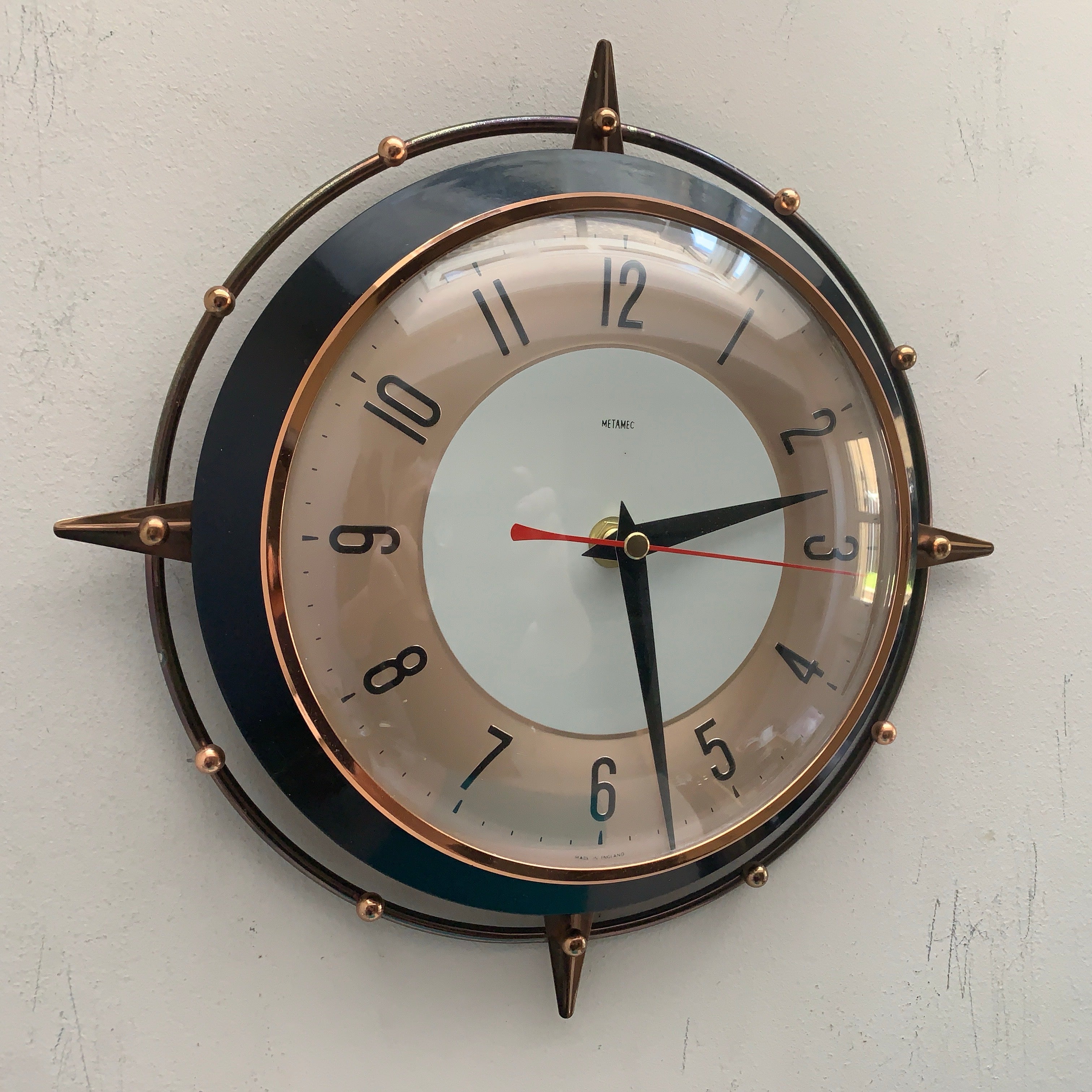Metamec 5859 Starburst Wall Clock, Copper Black Bakelite, 1960s, New Quartz