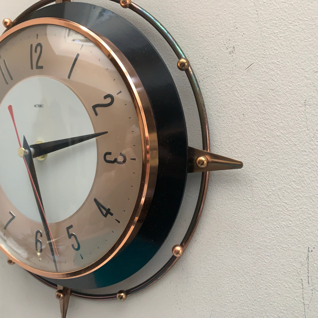 Metamec 5859 Starburst Wall Clock, Copper Black Bakelite, 1960s, New Quartz