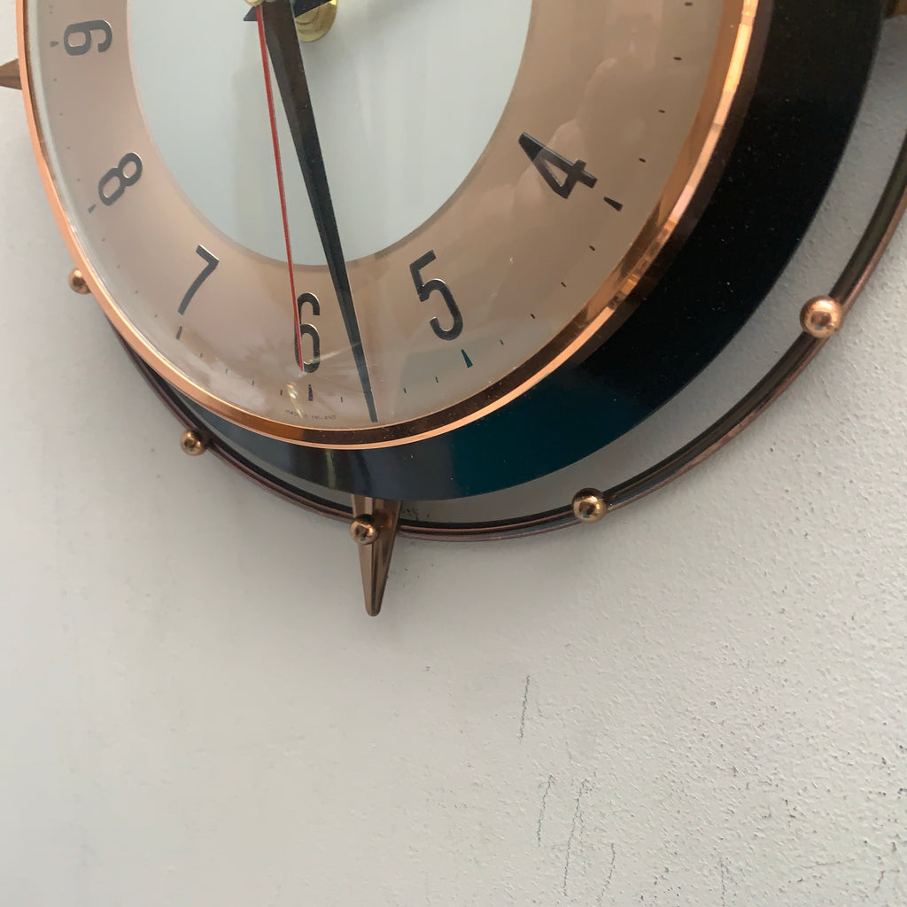 Metamec 5859 Starburst Wall Clock, Copper Black Bakelite, 1960s, New Quartz