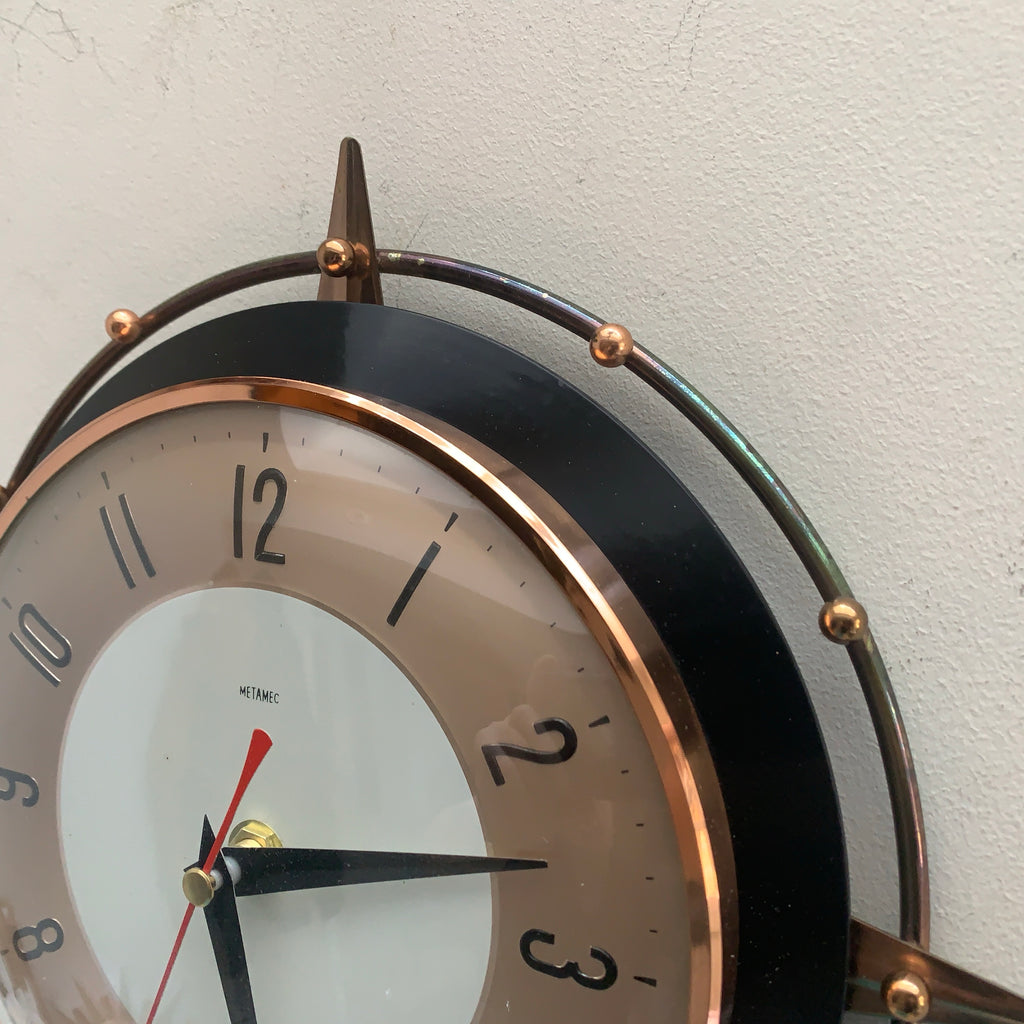 Metamec 5859 Starburst Wall Clock, Copper Black Bakelite, 1960s, New Quartz