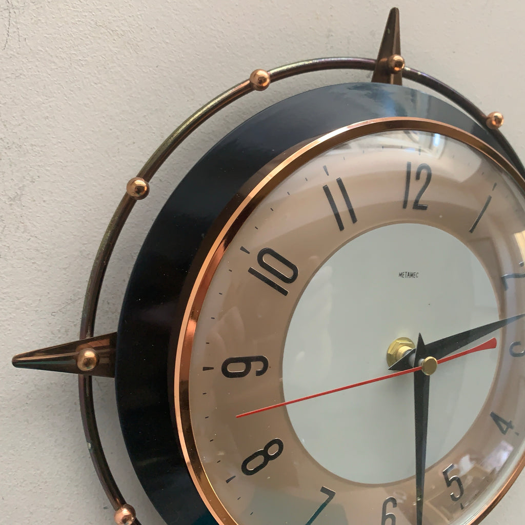Metamec 5859 Starburst Wall Clock, Copper Black Bakelite, 1960s, New Quartz