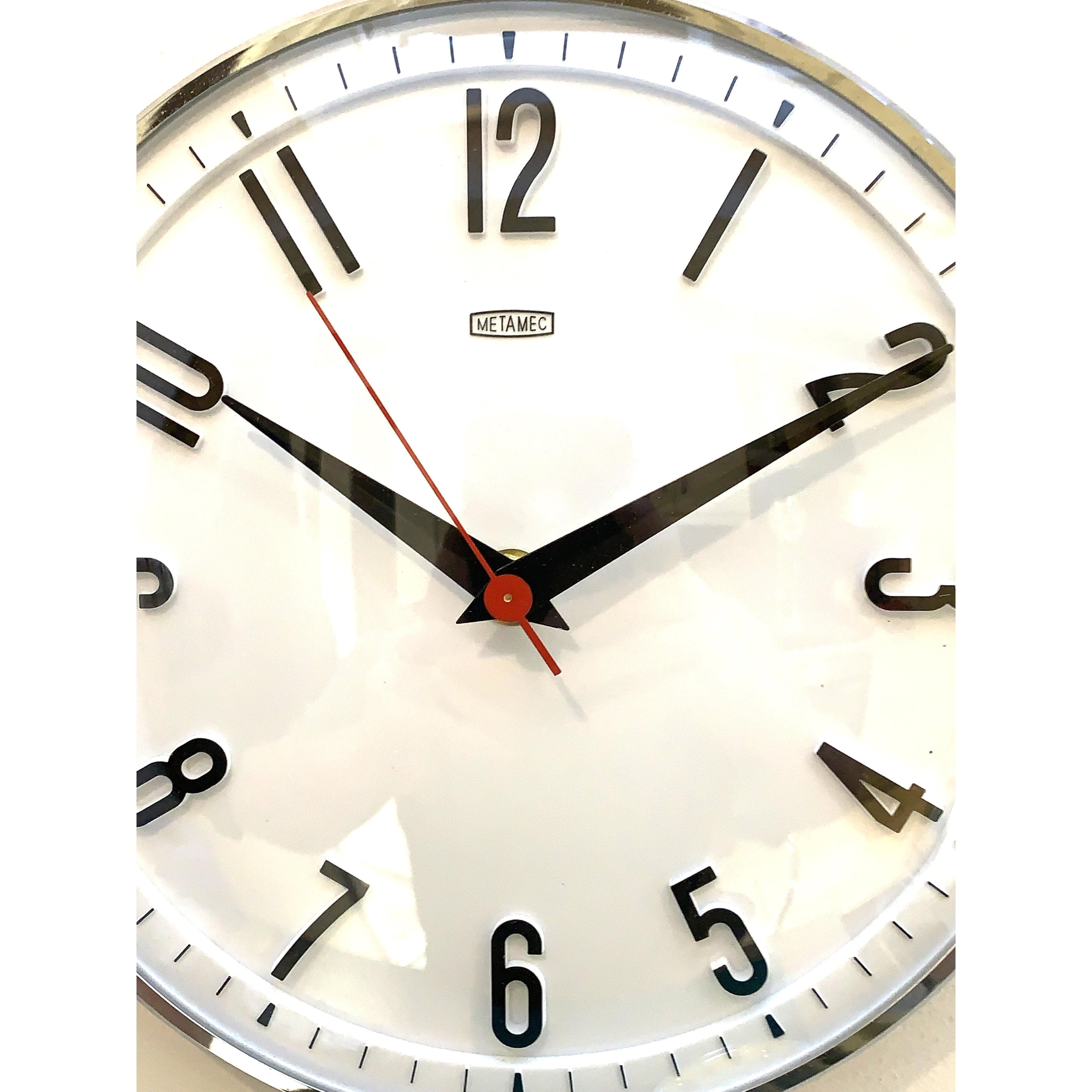 1960s Metamec Wall Clock — White Chrome Bezel, Arabic Numerals, Quartz, Made in England