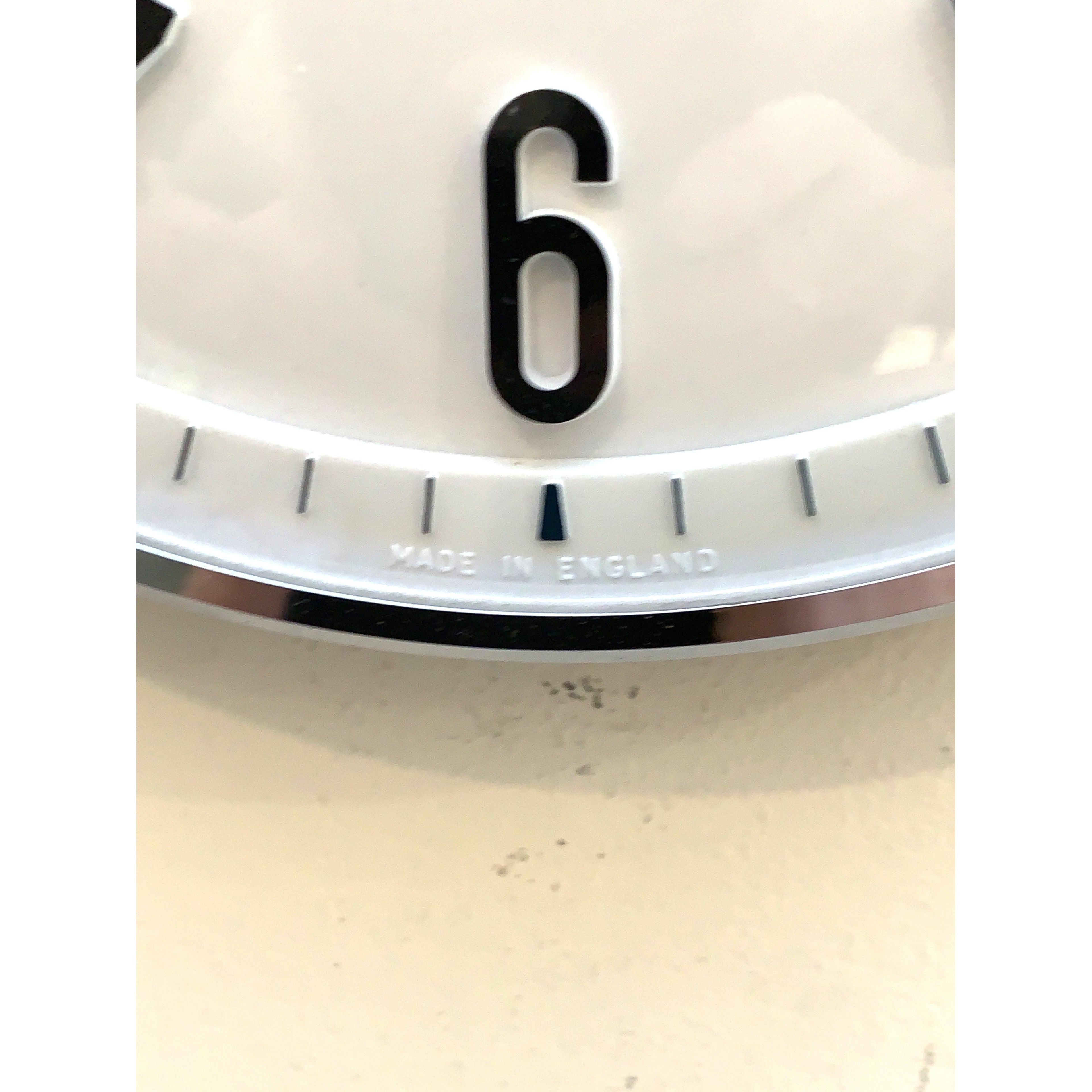 1960s Metamec Wall Clock — White Chrome Bezel, Arabic Numerals, Quartz, Made in England