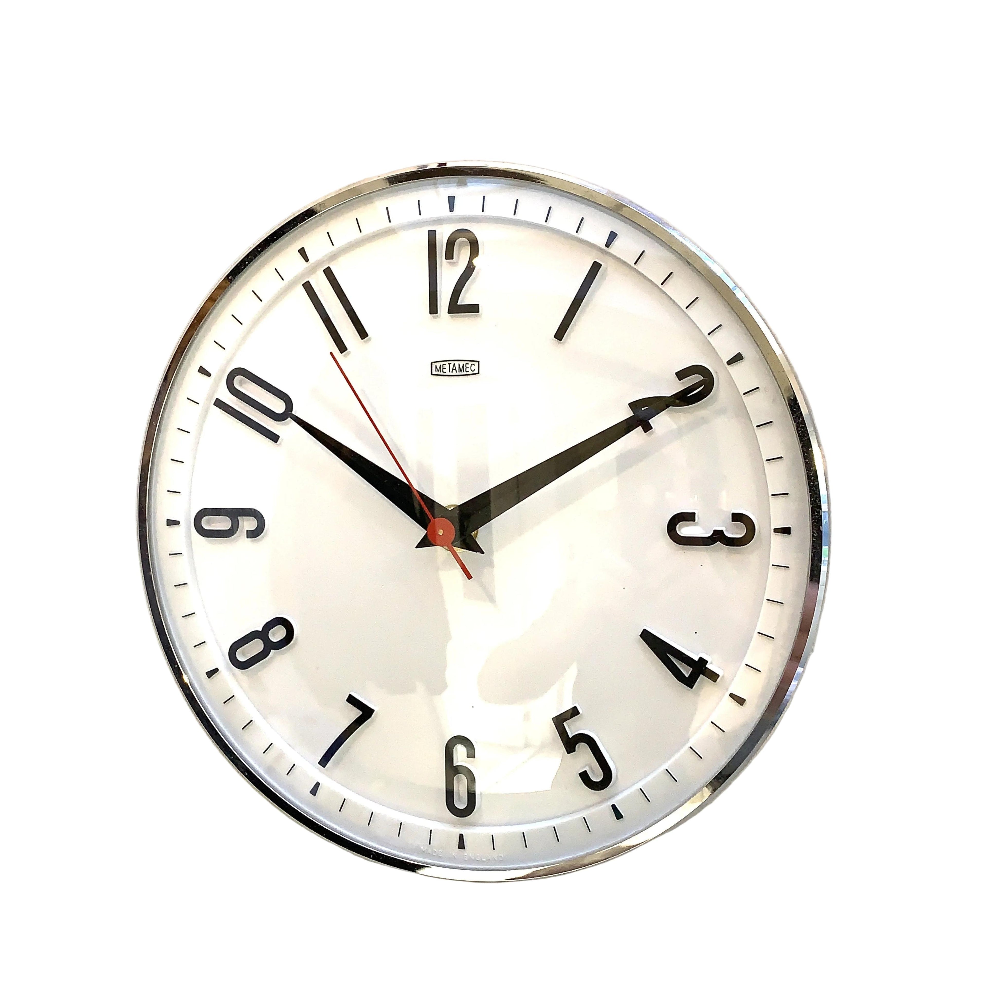 1960s Metamec Wall Clock — White Chrome Bezel, Arabic Numerals, Quartz, Made in England