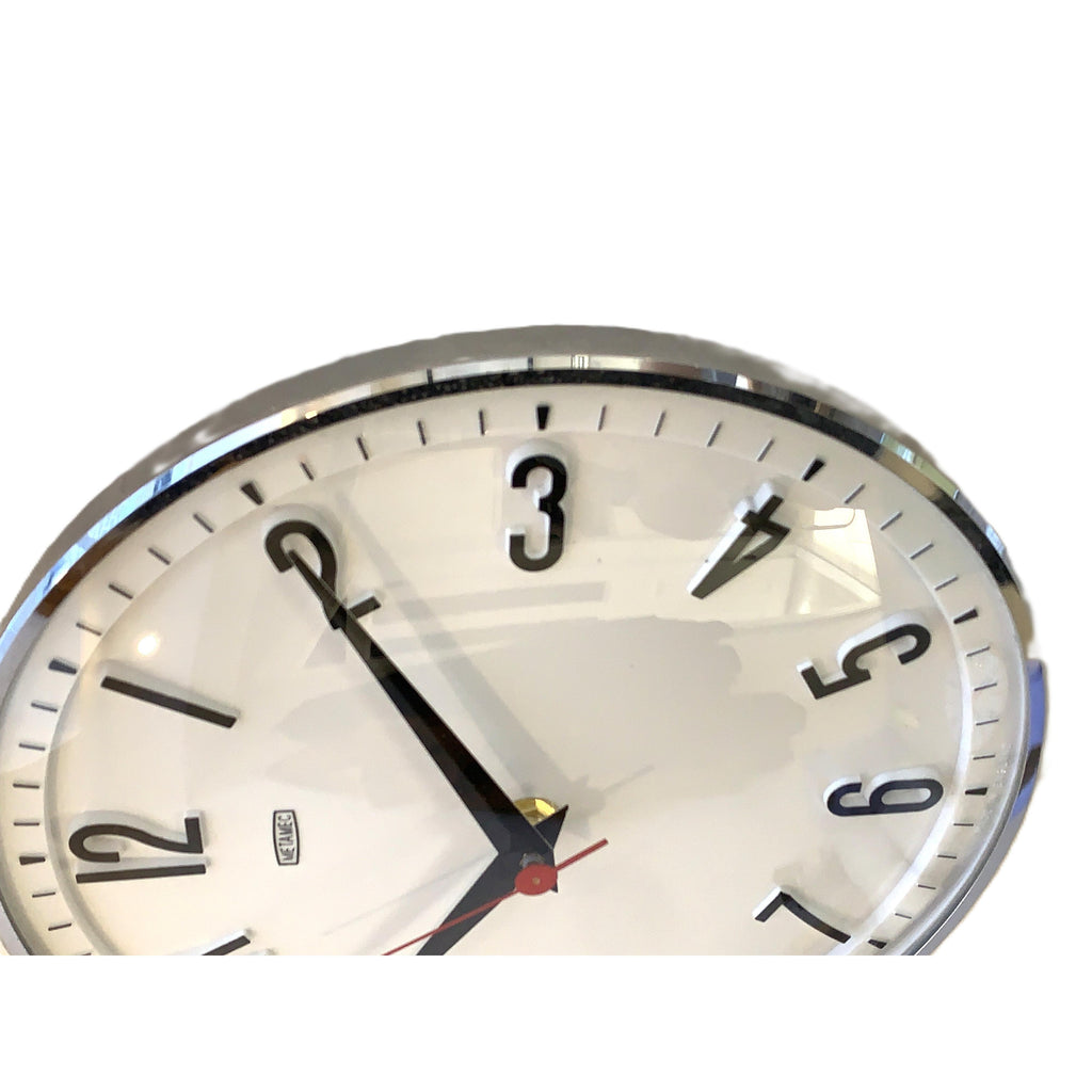 1960s Metamec Wall Clock — White Chrome Bezel, Arabic Numerals, Quartz, Made in England