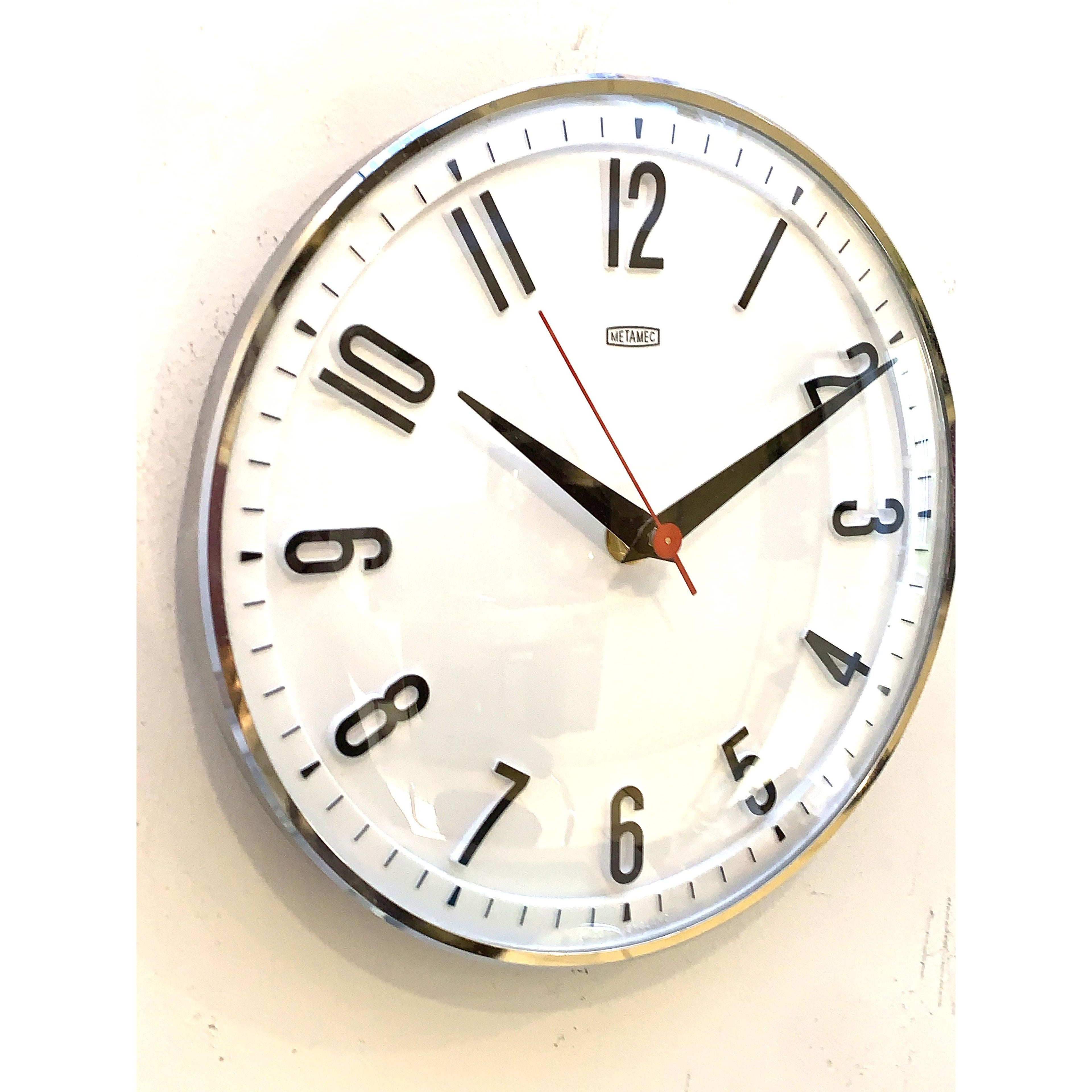 1960s Metamec Wall Clock — White Chrome Bezel, Arabic Numerals, Quartz, Made in England