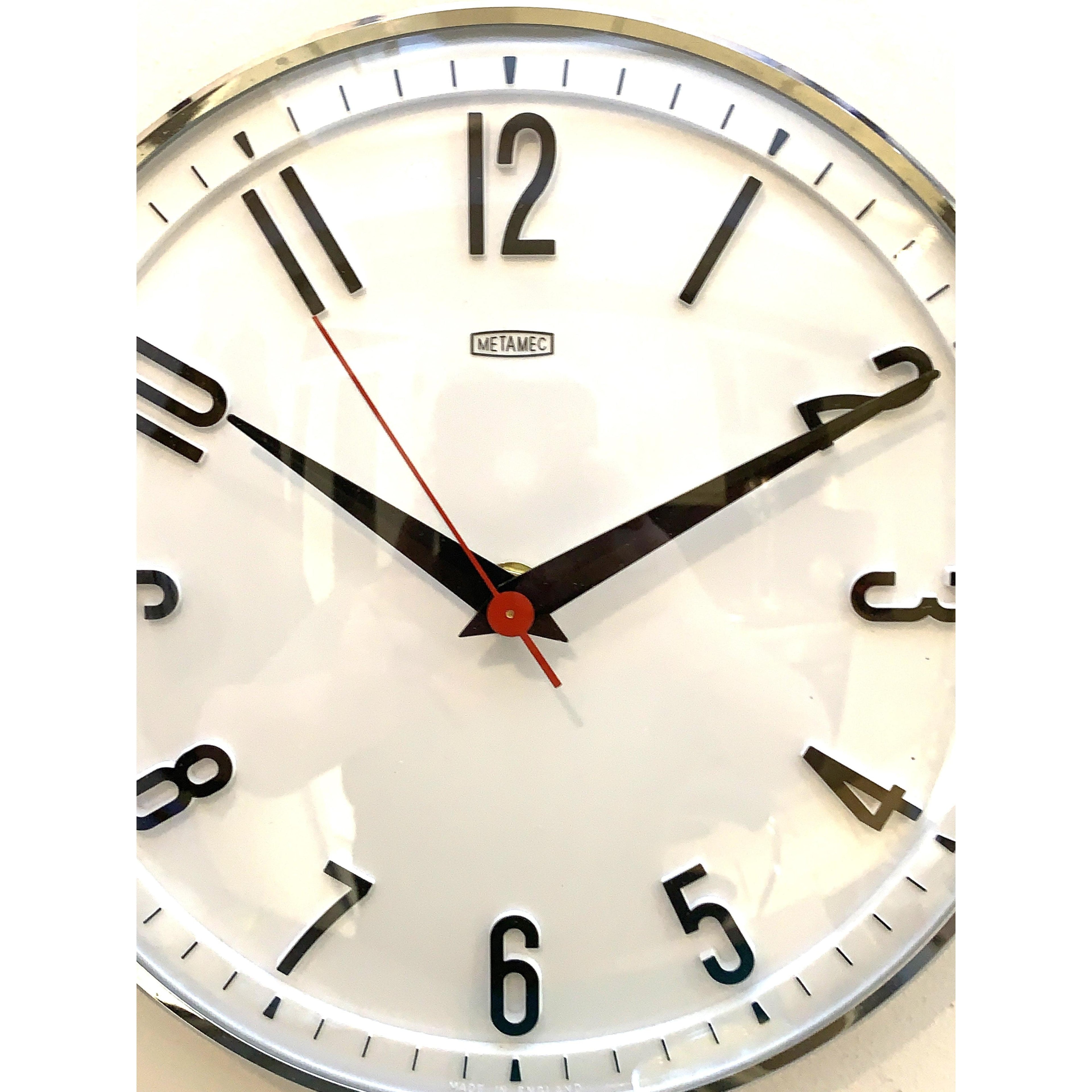 1960s Metamec Wall Clock — White Chrome Bezel, Arabic Numerals, Quartz, Made in England