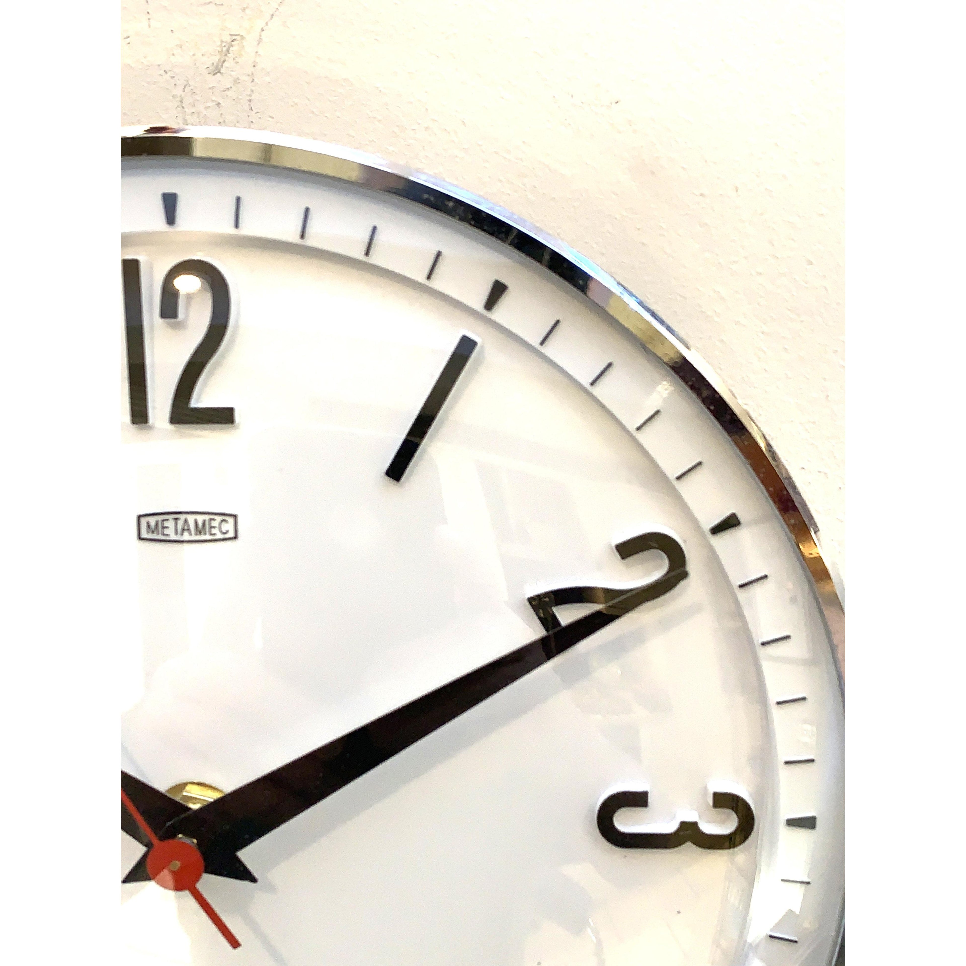 1960s Metamec Wall Clock — White Chrome Bezel, Arabic Numerals, Quartz, Made in England