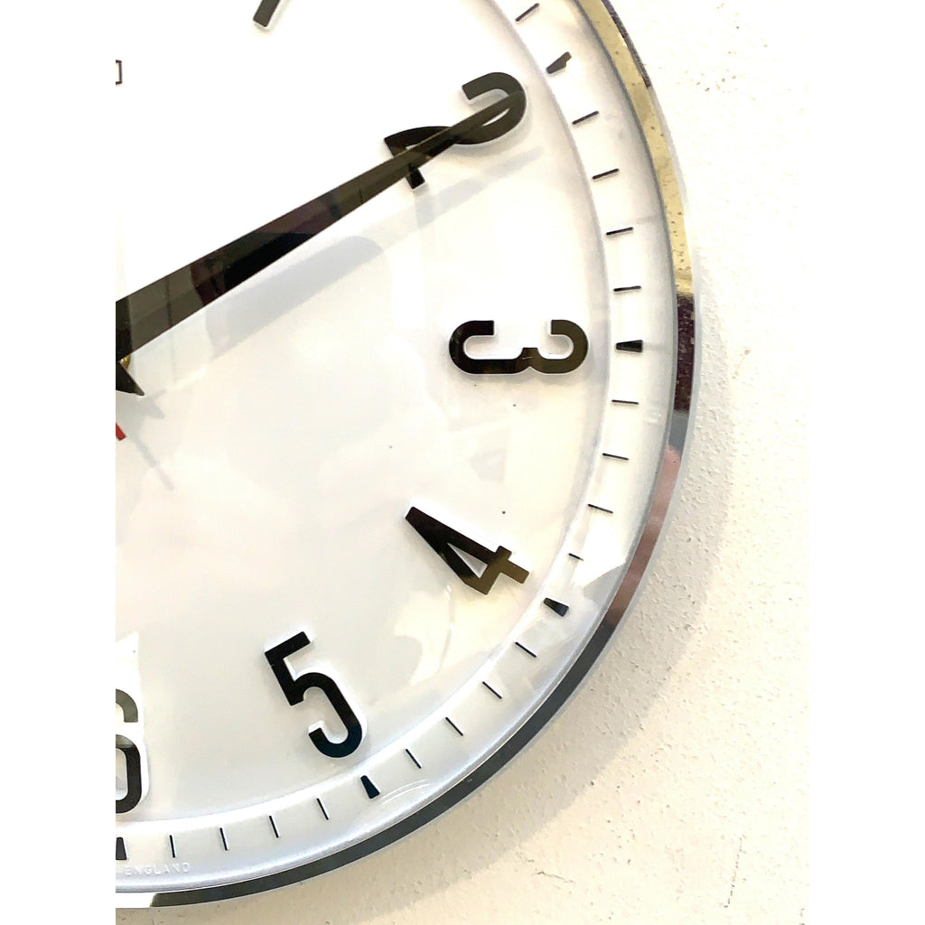 1960s Metamec Wall Clock — White Chrome Bezel, Arabic Numerals, Quartz, Made in England