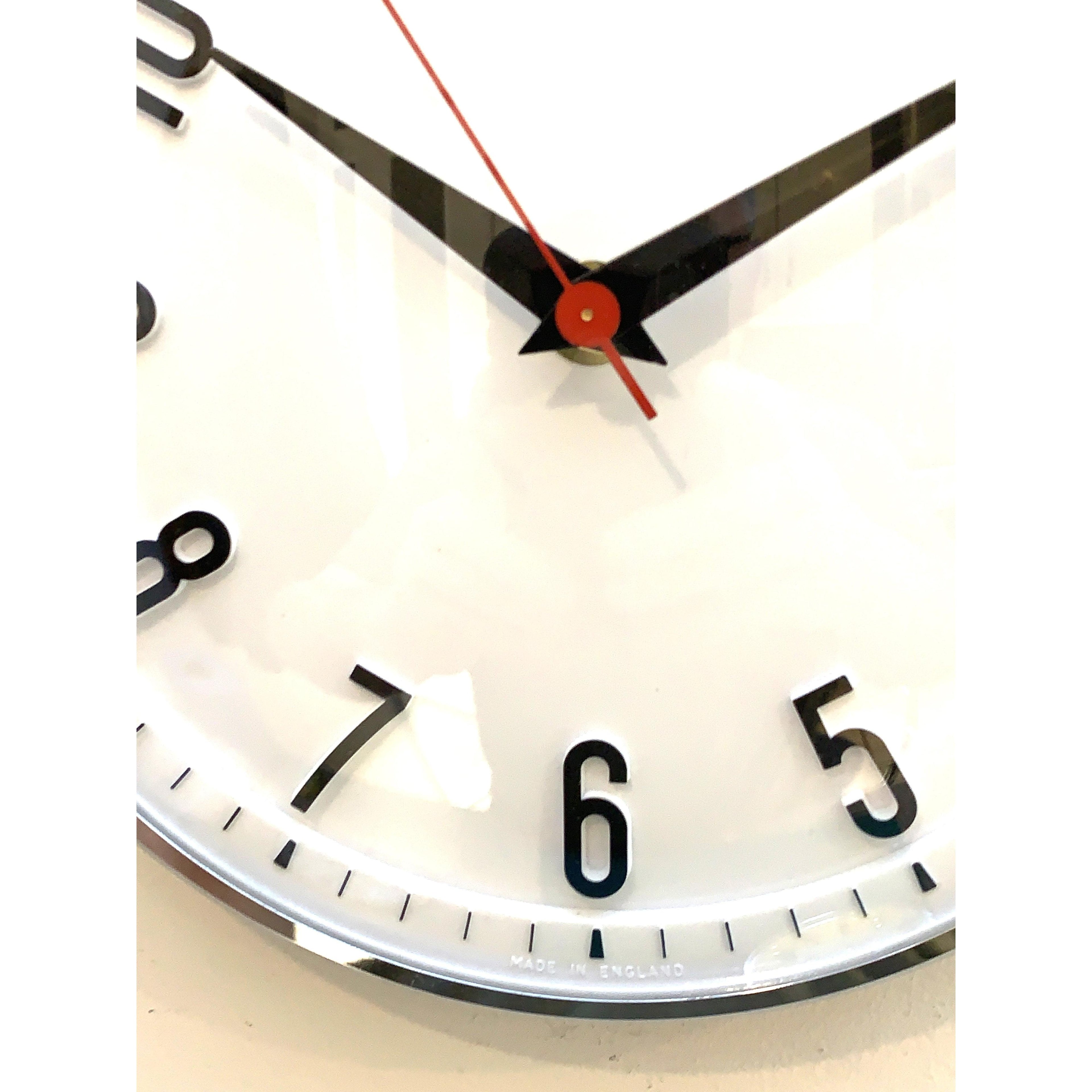 1960s Metamec Wall Clock — White Chrome Bezel, Arabic Numerals, Quartz, Made in England