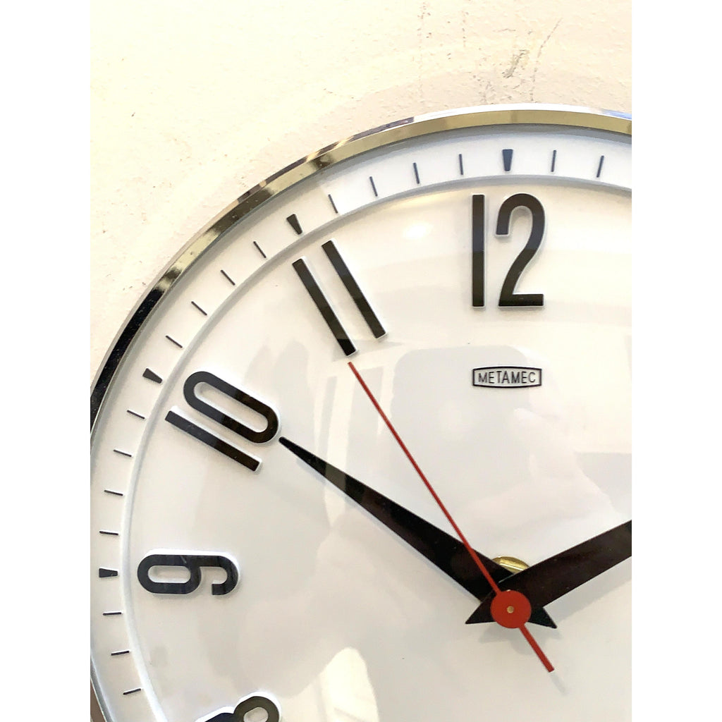 1960s Metamec Wall Clock — White Chrome Bezel, Arabic Numerals, Quartz, Made in England