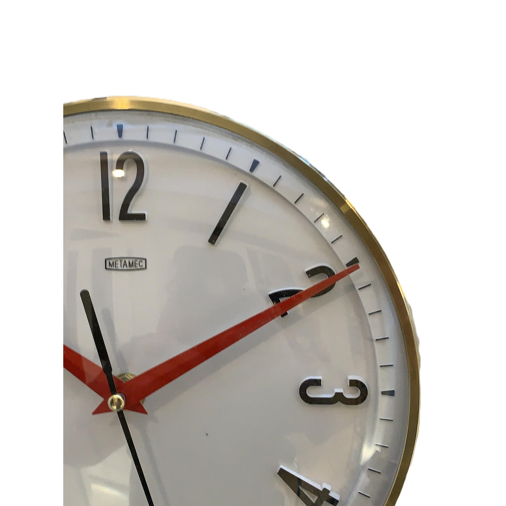 Metamec Model 5868 Wall Clock, 1960s, White Brass Bezel, Red Hands, Arabic Numerals, Quartz