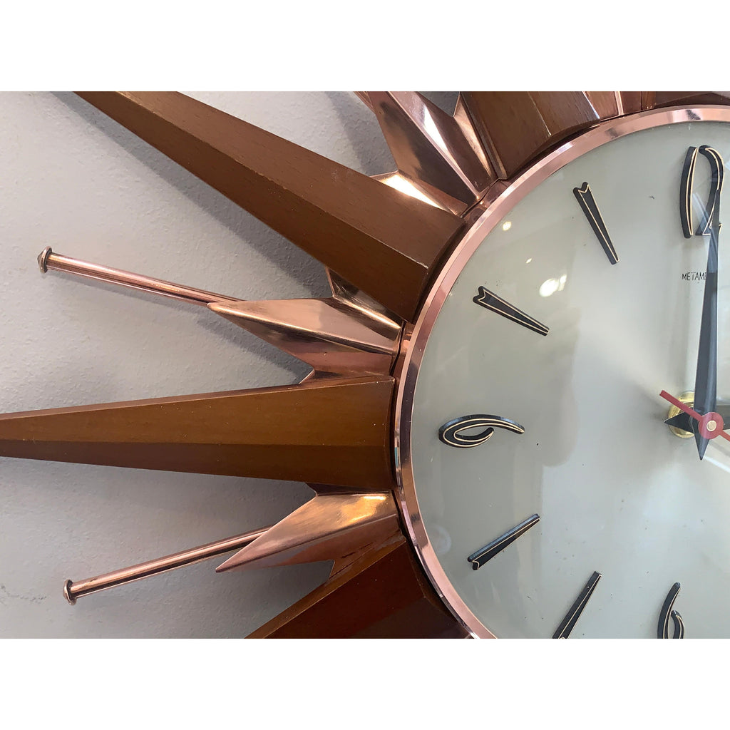 Metamec Sunburst Wall Clock, Model 5890 Copper Variant, 1960s Teak & Copper Starburst, 44cm, England