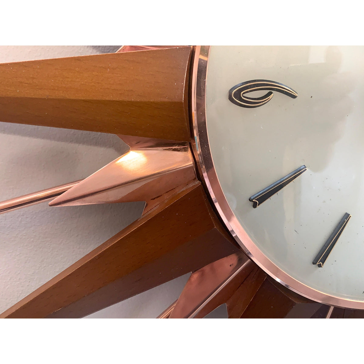Metamec Sunburst Wall Clock, Model 5890 Copper Variant, 1960s Teak & Copper Starburst, 44cm, England