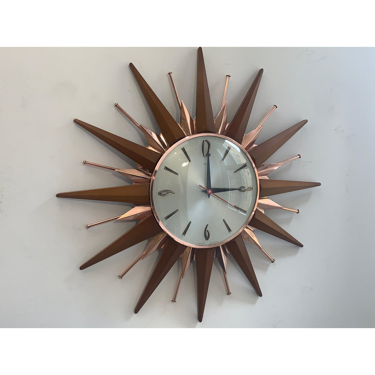 Metamec Sunburst Wall Clock, Model 5890 Copper Variant, 1960s Teak & Copper Starburst, 44cm, England