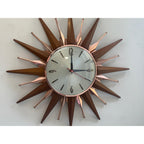 Metamec Sunburst Wall Clock, Model 5890 Copper Variant, 1960s Teak & Copper Starburst, 44cm, England