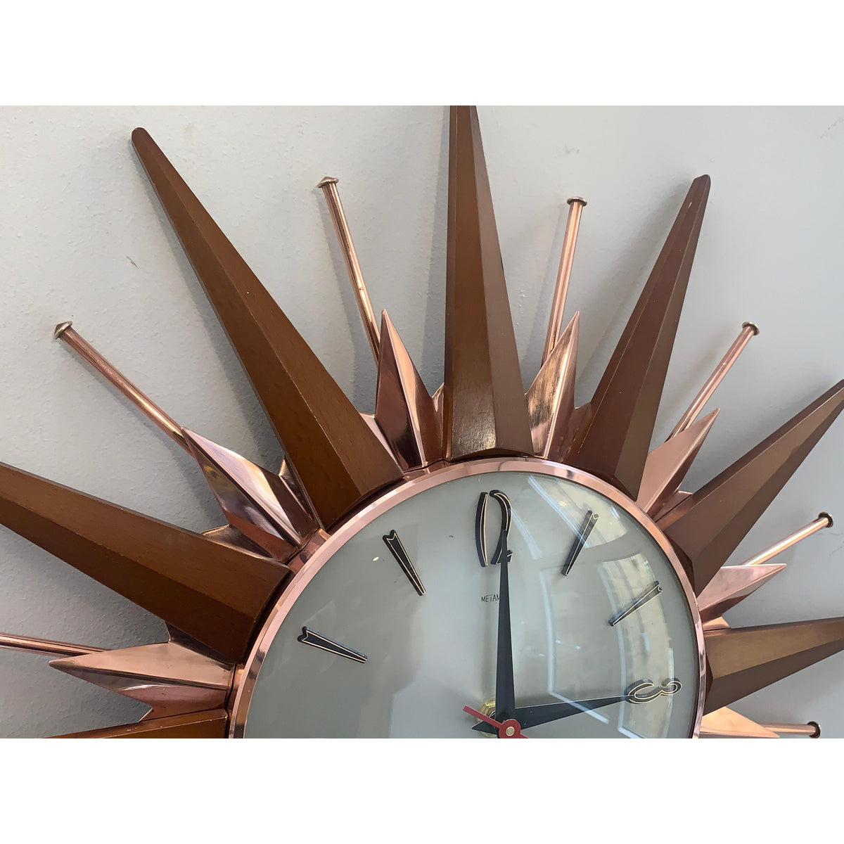Metamec Sunburst Wall Clock, Model 5890 Copper Variant, 1960s Teak & Copper Starburst, 44cm, England