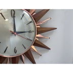 Metamec Sunburst Wall Clock, Model 5890 Copper Variant, 1960s Teak & Copper Starburst, 44cm, England