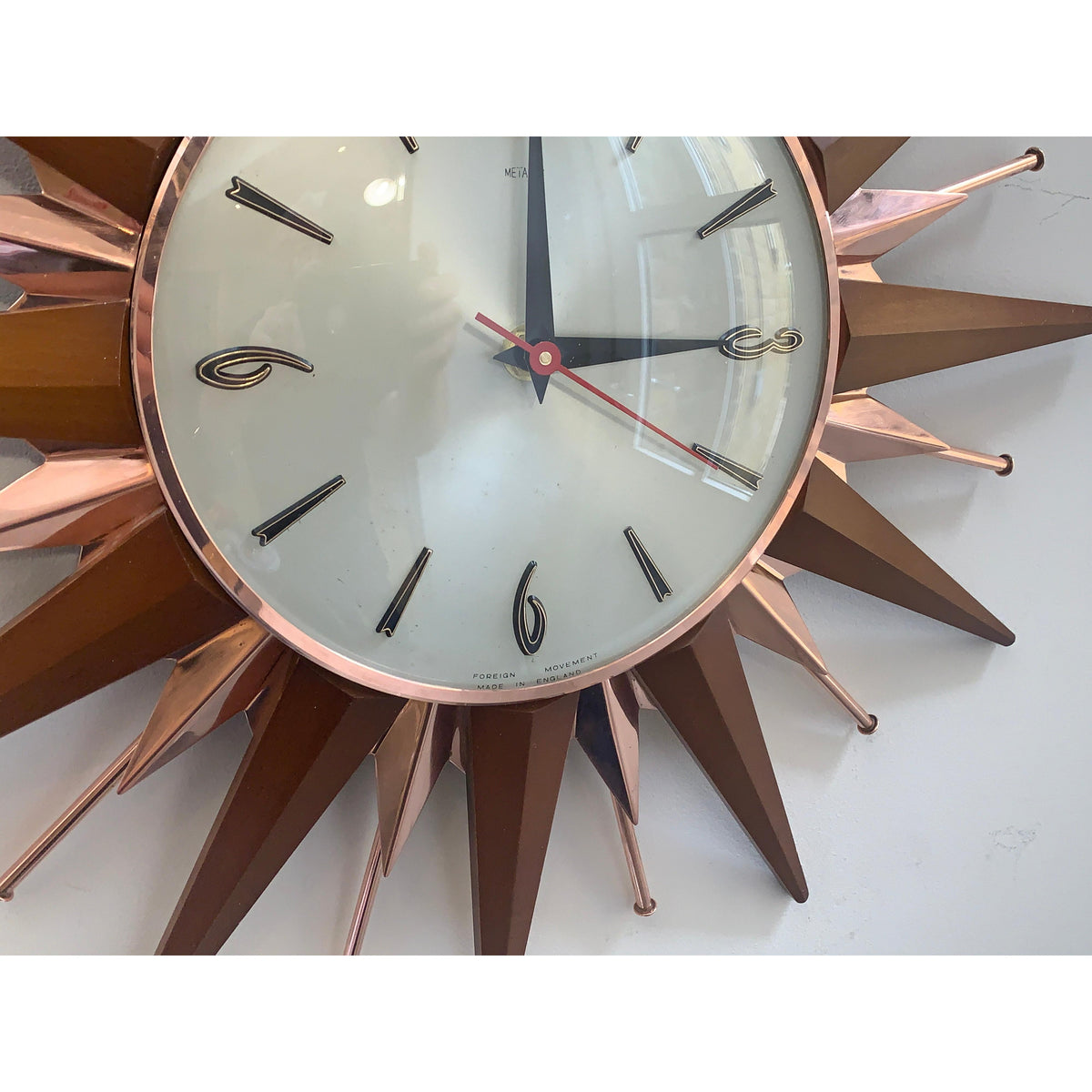 Metamec Sunburst Wall Clock, Model 5890 Copper Variant, 1960s Teak & Copper Starburst, 44cm, England