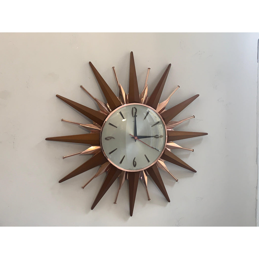 Metamec Sunburst Wall Clock, Model 5890 Copper Variant, 1960s Teak & Copper Starburst, 44cm, England