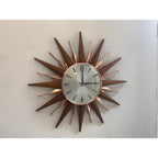 Metamec Sunburst Wall Clock, Model 5890 Copper Variant, 1960s Teak & Copper Starburst, 44cm, England
