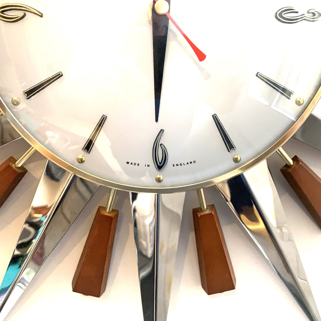 Metamec 5892 Starburst Wall Clock — 1960s Nickel & Teak, Brass Bezel, 23.5"