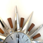 Metamec 5892 Starburst Wall Clock — 1960s Nickel & Teak, Brass Bezel, 23.5"