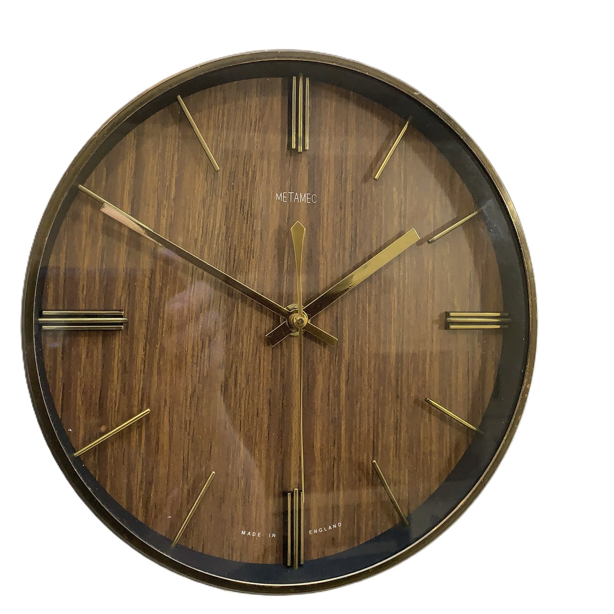 1970s Metamec Faux Teak Wall Clock, Brass Bezel, Minimalist Design, 20.5cm