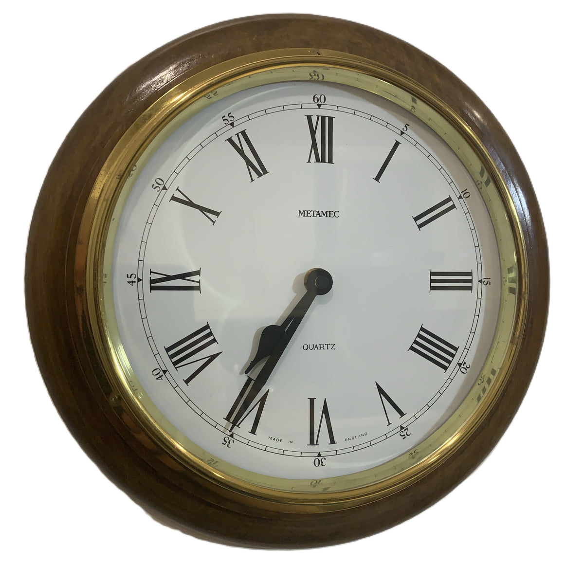 Vintage Metamec School House Clock, Walnut & Brass Roman Numeral Wall Clock, 1980s English Made