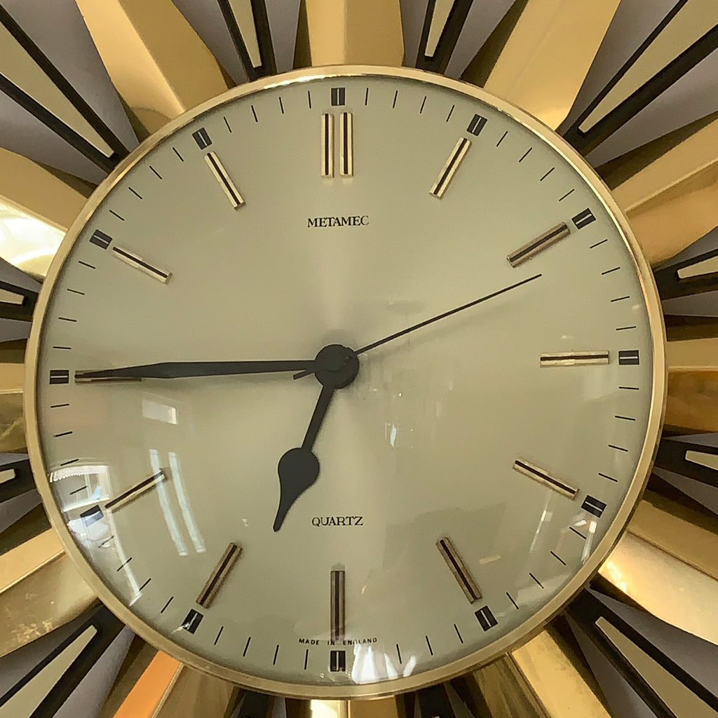 Metamec Sunburst Wall Clock, Rare Model 5629 Brass Starburst 1970s Quartz