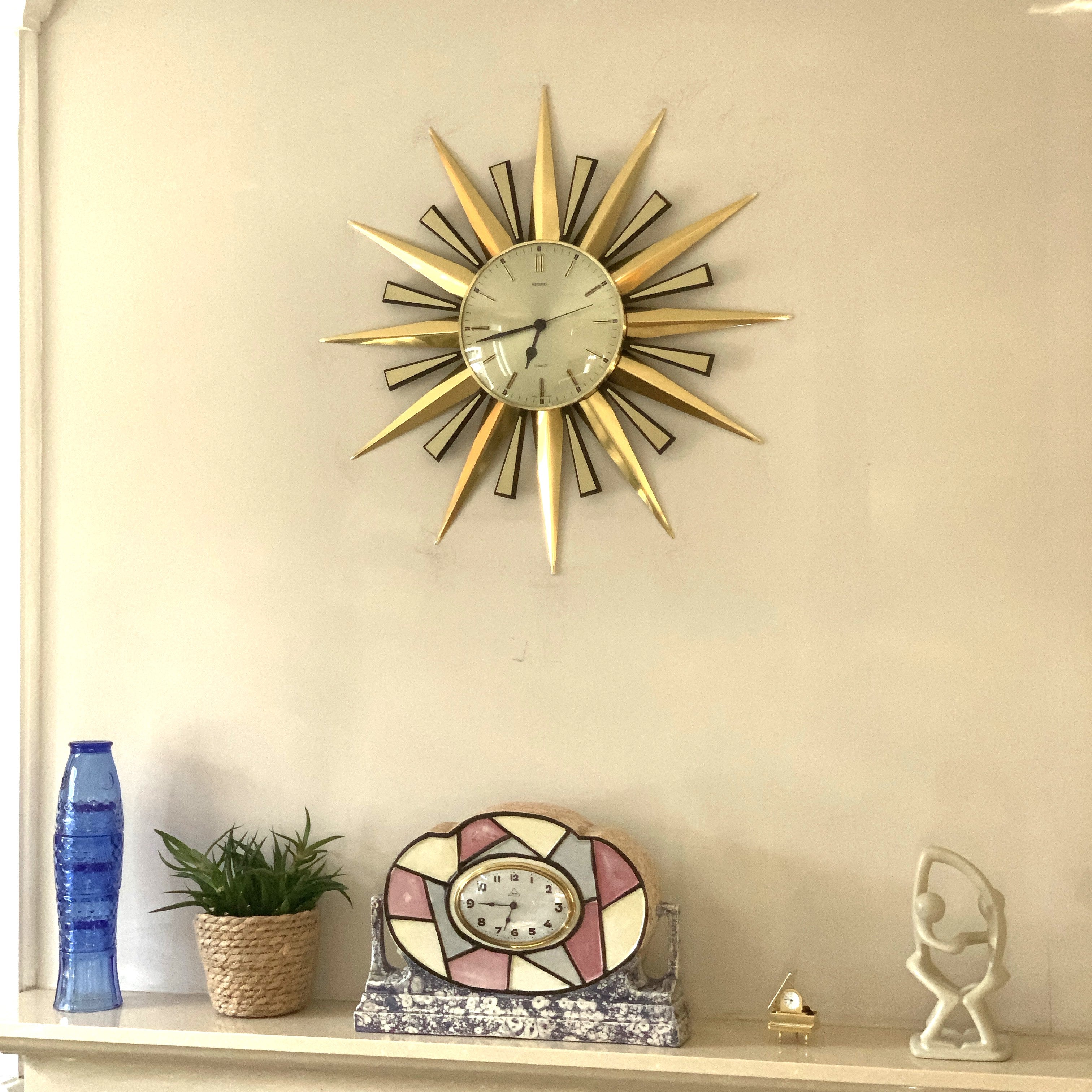 Metamec Sunburst Wall Clock, Rare Model 5629 Brass Starburst 1970s Quartz