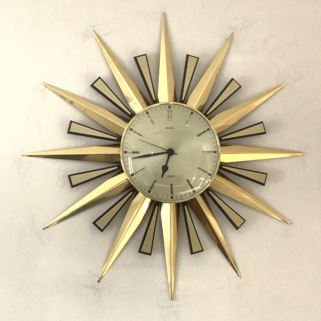 Metamec Sunburst Wall Clock, Rare Model 5629 Brass Starburst 1970s Quartz