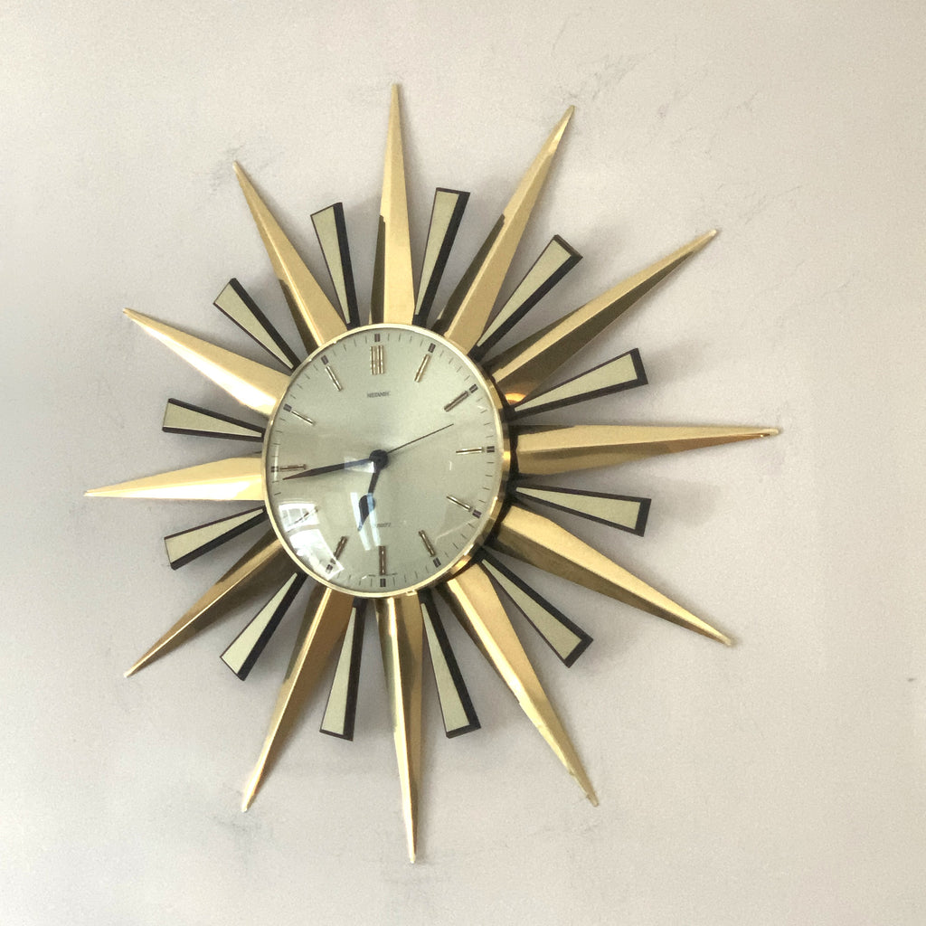 Metamec Sunburst Wall Clock, Rare Model 5629 Brass Starburst 1970s Quartz