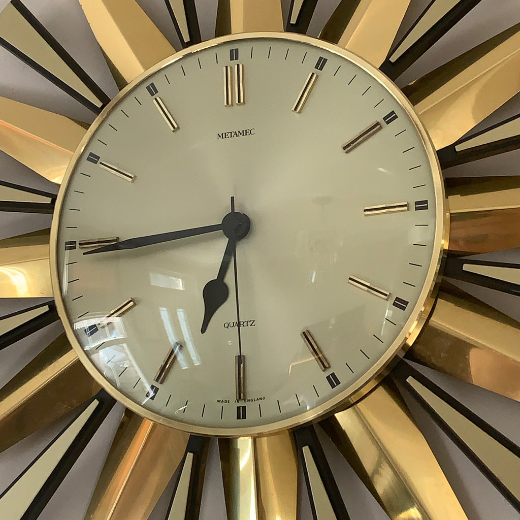 Metamec Sunburst Wall Clock, Rare Model 5629 Brass Starburst 1970s Quartz