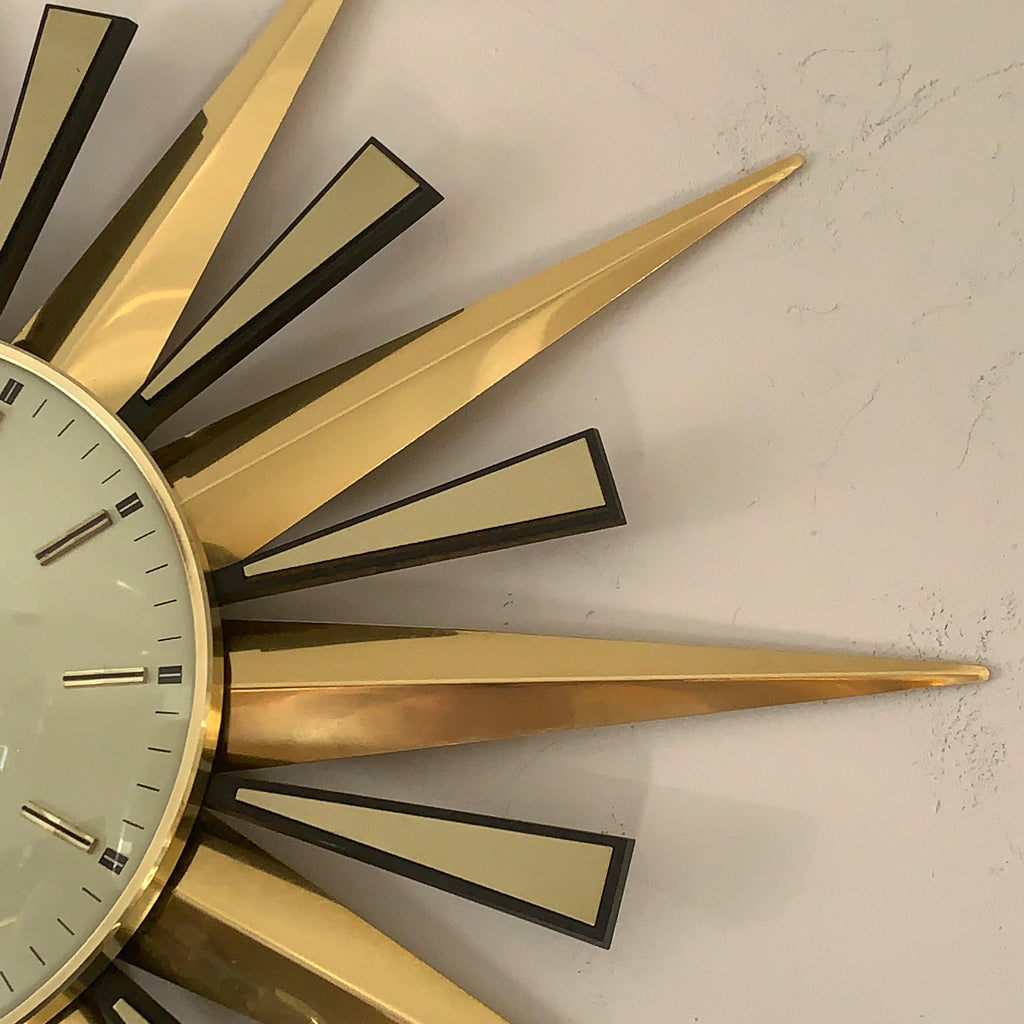 Metamec Sunburst Wall Clock, Rare Model 5629 Brass Starburst 1970s Quartz