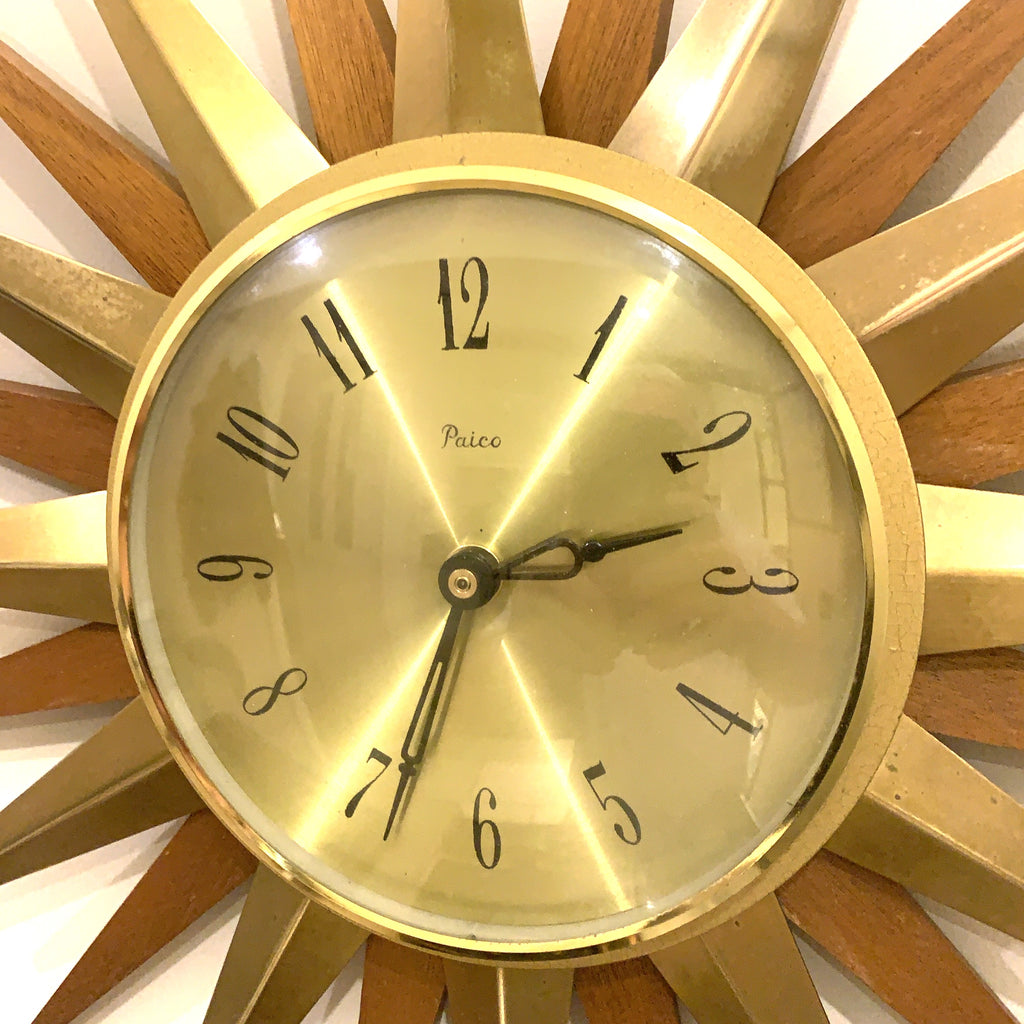 Paico 1960s Starburst Wall Clock — Brass & Teak Sunburst, 38cm