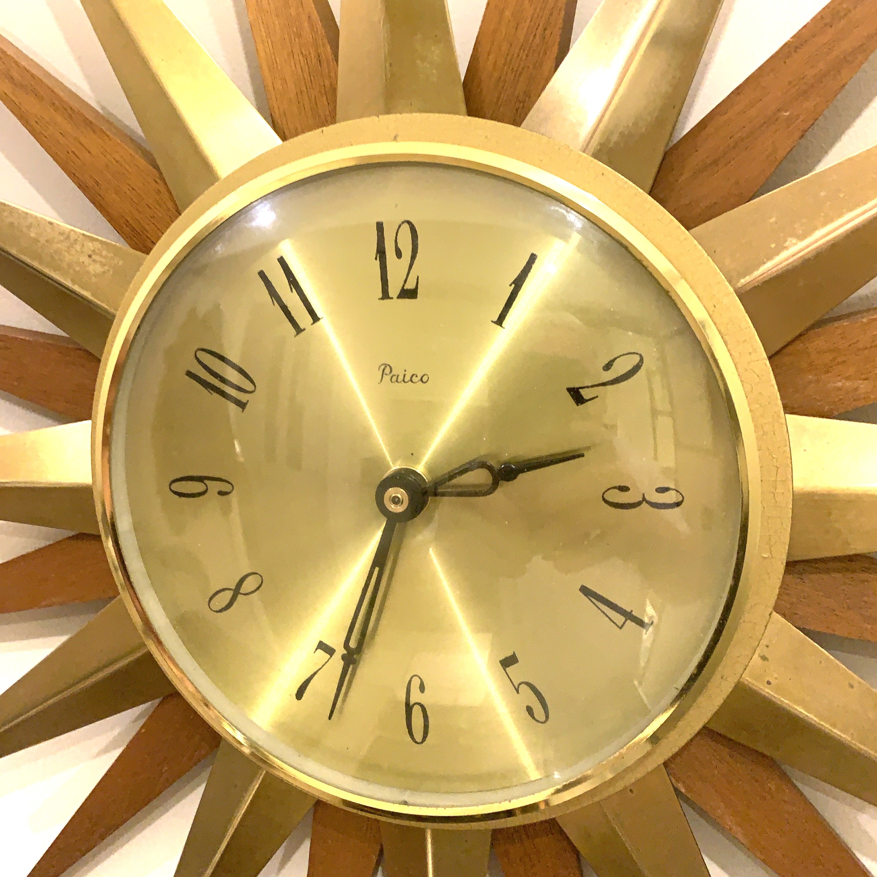 Paico 1960s Starburst Wall Clock — Brass & Teak Sunburst, 38cm