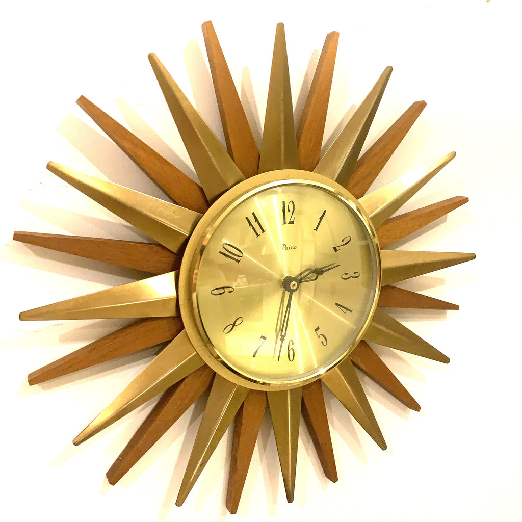 Paico 1960s Starburst Wall Clock — Brass & Teak Sunburst, 38cm