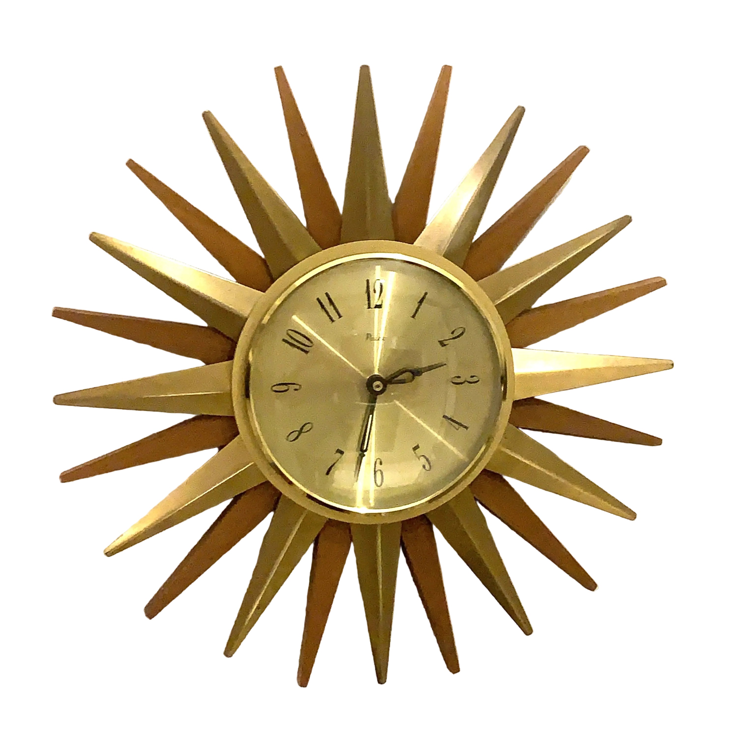 Paico 1960s Starburst Wall Clock — Brass & Teak Sunburst, 38cm